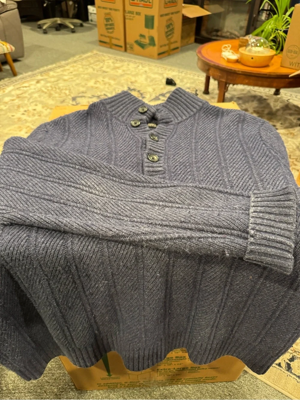 Banana Republic Men's Blue Merino Wool Ribbed Button-Neck Turtleneck Sweater